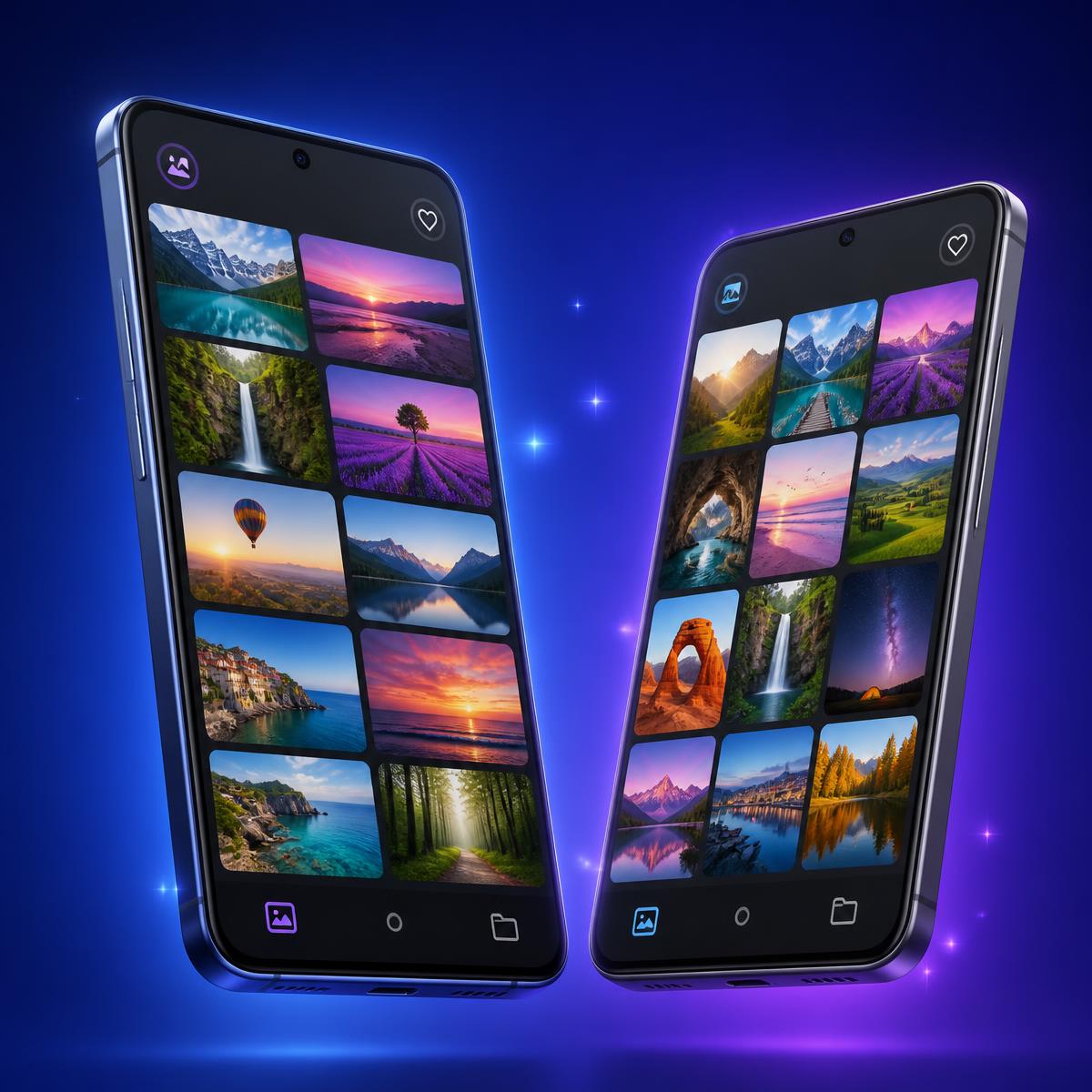 Two phones showing the MultiGallery photo grid